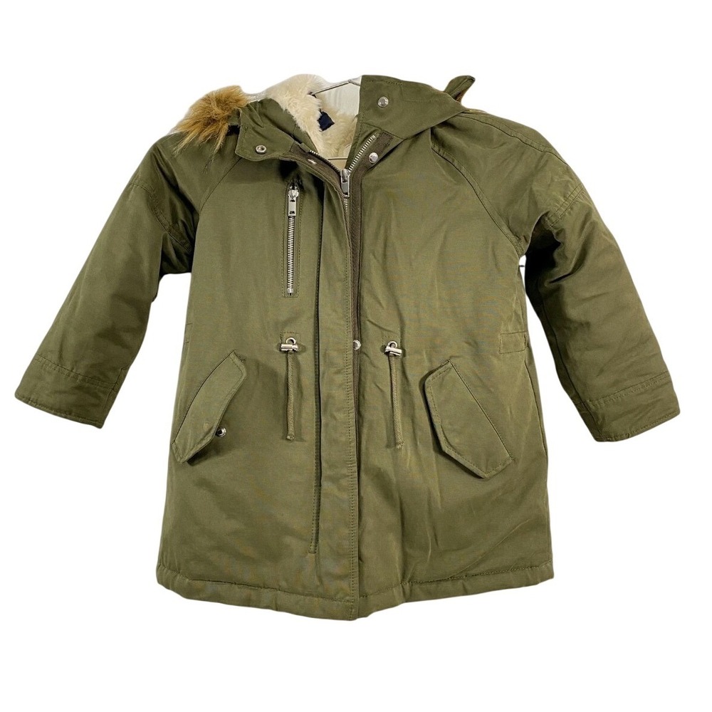 Zara Kids Parka Coat Youth 8 128 cm Green Faux Fur Hood Sherpa Lined Winter